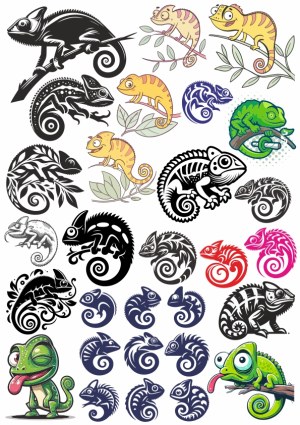 Diverse Cartoon and Tribal Style Chameleon Vector Illustrations Free Vector