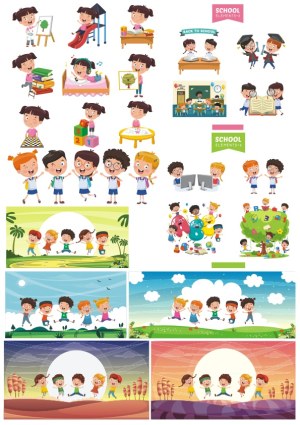 Cheerful School Kids Engaged in Learning and Play Vector Set Free Vector