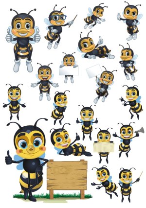 Set of Cartoon Bee Mascots in Various Poses with Signs and Accessories Free Vector