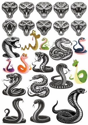 Collection of Black and Colorful Cartoon and Tribal Snake Illustrations Free Vector