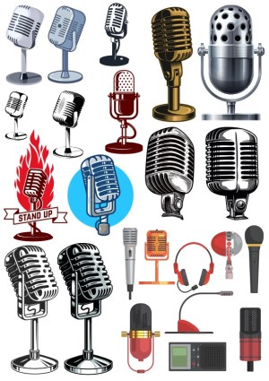 Collection of Various Vintage and Modern Microphone Vector Illustrations Free Vector