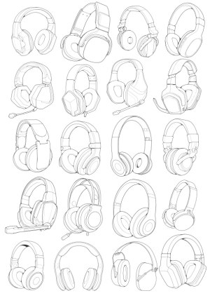Line Art Collection of Various Headphones and Headsets Free Vector