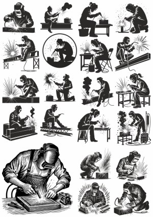 Set of Welding Worker Silhouettes and Engraved Style Vectors Free Vector