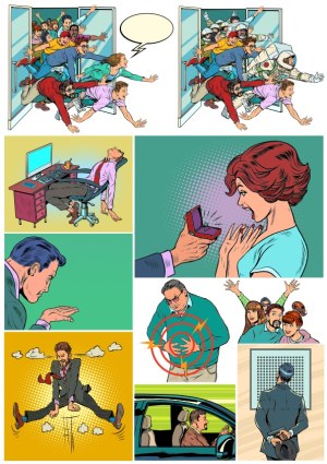 Pop Art Style Comic Scenes Including Work Stress, Proposal, Sports, and Illness Free Vector
