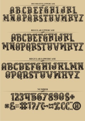 Ornate Vintage Decorative and Regular Alphabet Typeface with Numbers and Symbols Free Vector