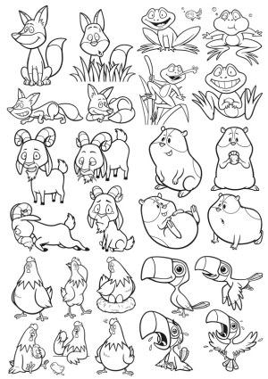 Black and White Cartoon Animal Line Art Collection Free Vector