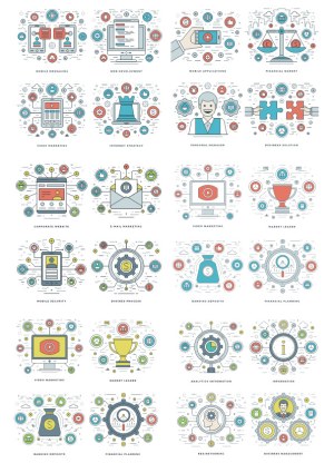 Set of Business and Technology Vector Icons with Thin Line Design Free Vector