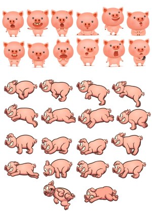 Cute and Cartoon Pig Characters with Various Expressions and Running Poses Free Vector