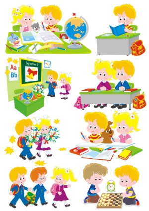 Cute School Children Engaged in Classroom and Outdoor Activities Vector Illustration Free Vector
