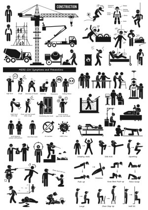 Collection of Vector Icons for Construction Safety, MERS-CoV Prevention, Emergency Situations, and Exercise Routines Free Vector