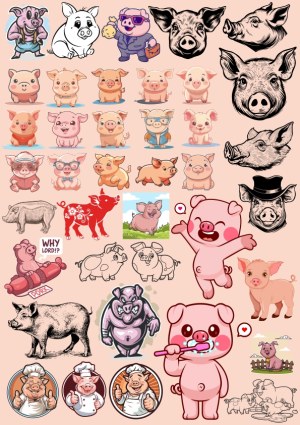 Collection of Cartoon and Realistic Pig Vector Illustrations Free Vector