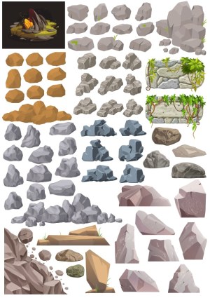 Collection of Various Stylized Rocks, Stones, and Boulder Vector Graphics Free Vector