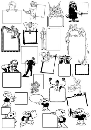 Black and White Cartoon Characters with Speech and Message Frames Free Vector