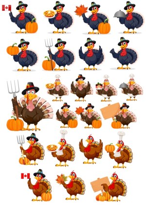 Thanksgiving Turkeys in Various Poses with Pilgrim Hats and Seasonal Items Free Vector