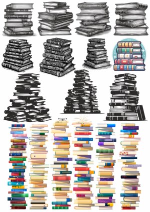 Various Stacks of Books Illustrations in Black and Color Free Vector