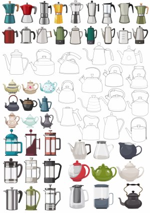 Collection of Various Teapots, Kettles, and Coffee Makers Vector Illustrations Free Vector