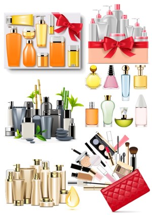 Cosmetic and Skincare Product Sets with Gift Packaging and Makeup Bag Free Vector