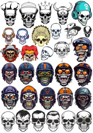 Diverse Skull Vector Collection with Helmets, Headgear, and Accessories Free Vector