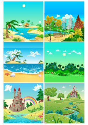 Six Colorful Nature and Fantasy Landscape Scenes Free Vector