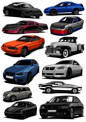 Collection of Diverse Vector Cars Including Classic, Sports, and Vintage Models Free Vector