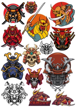 Samurai Warrior and Helmet Vector Illustrations Free Vector