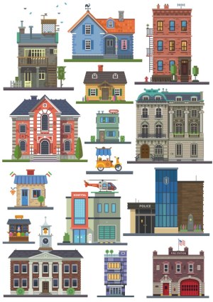 Detailed Vector Illustrations of Various Building Types Free Vector
