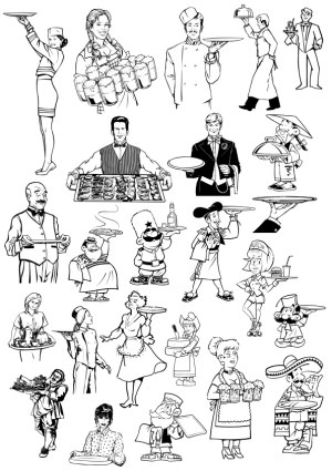 Vintage and Cartoon Style Waiters and Waitresses Vector Collection Free Vector
