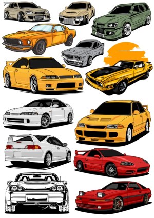 Collection of Classic and Modified Sports Cars Vector Illustrations Free Vector