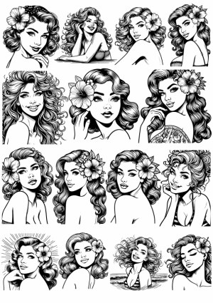 Black and White Vector Portraits of Women with Flowers in Hair Free Vector