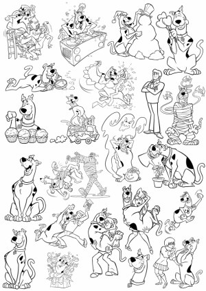 Black and White Line Art Scooby-Doo and Friends Fun Scenes Free Vector