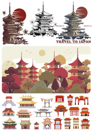 Vector Collection of Japanese Pagodas and Traditional Architecture Free Vector