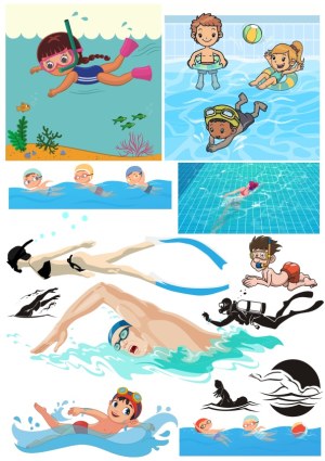 Children and Adults Swimming and Diving Vector Illustrations Free Vector