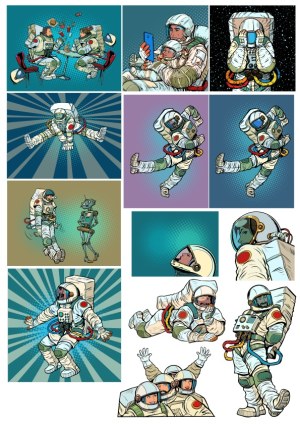 Retro Style Comic Space Astronauts and Robot Illustrations Free Vector