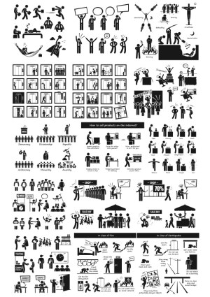 Comprehensive Collection of Black and White Stick Figure Infographic Icons and Scenes Free Vector