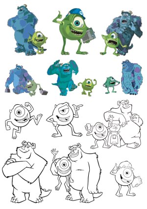 Cartoon Monster Characters with Colored and Line Art Versions Free Vector