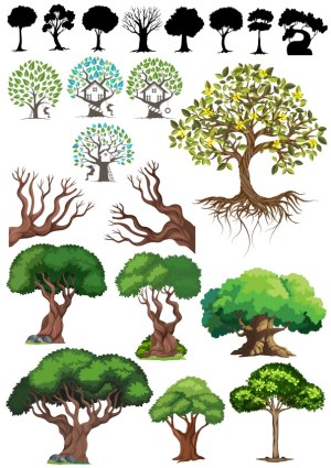 Collection of Silhouette, Treehouse, and Detailed Tree Vector Illustrations Free Vector