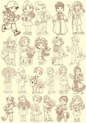 Vintage Sepia Line Art Vector Illustrations of Children in Various Costumes and Activities Free Vector