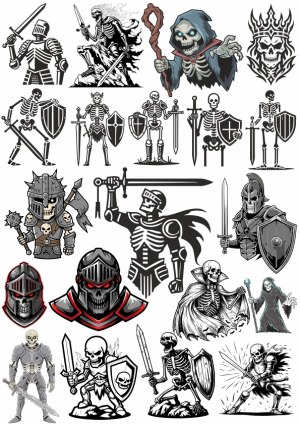 Set of Skeleton Warriors and Grim Reaper Vector Illustrations Free Vector