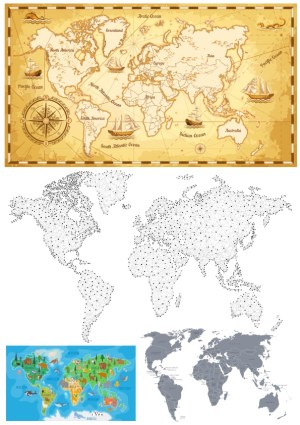 Set of Four World Map Vector Designs with Vintage, Network, Cartoon, and Political Styles Free Vector