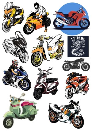 Vector Set of Various Motorcycles and Scooters with Riders and Motocross Badge Free Vector