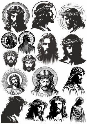 Set of Black and White Jesus Christ Illustrations with Crown of Thorns Free Vector