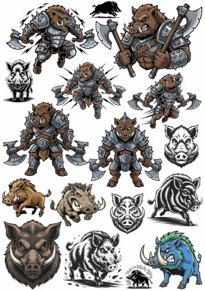 Armored Boar Warrior and Various Wild Boar Illustrations Free Vector