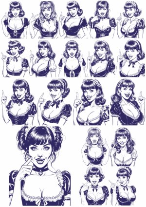 Set of Vintage Pin-Up Maid Girl Black and White Vector Illustrations Free Vector