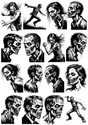 Black and White Zombie Vector Illustrations Set Free Vector