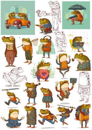 Cute Frog Characters in Various Outfits and Activities Vector Collection Free Vector