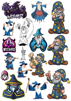 Collection of Cartoon Wizard Characters in Various Poses and Styles Free Vector