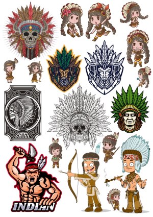 Native American Indian Characters and Headdress Vector Collection Free Vector