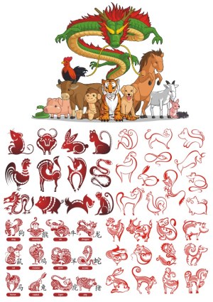 Chinese Zodiac Animals Illustration with Stylized Red Icons Free Vector