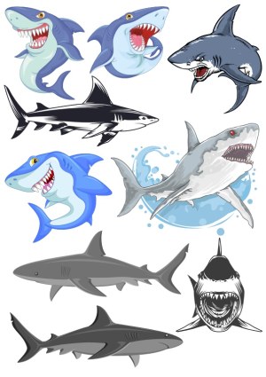 Set of Cartoon and Realistic Shark Vector Illustrations Free Vector