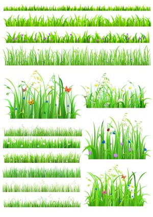 Set of Decorative Grass Borders with Flowers and Insects Free Vector